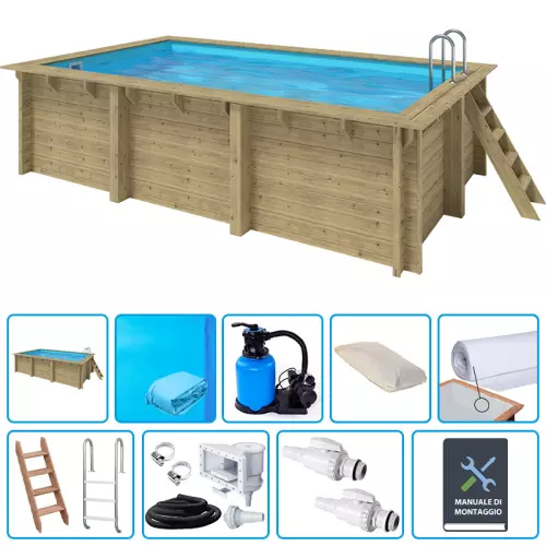 Piscina in legno rettangolare EcoWood 500 - 5,00 x 3,00 x h.1,24 m con liner BLU 0,75 mm - KIT BASE