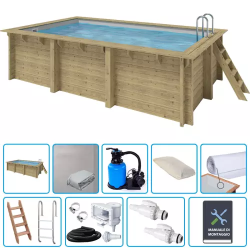 Piscina in legno rettangolare EcoWood 500 - 5,00 x 3,00 x h.1,24 m con liner GRIGIO 0,75 mm - KIT BASE