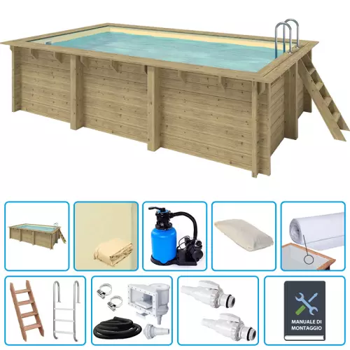 Piscina in legno rettangolare EcoWood 500 - 5,00 x 3,00 x h.1,24 m con liner SABBIA 0,75 mm - KIT BASE