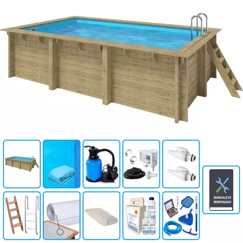 Piscina in legno rettangolare EcoWood 500 - 5,00 x 3,00 x h.1,24 m con liner BLU 0,75 mm - KIT PRO