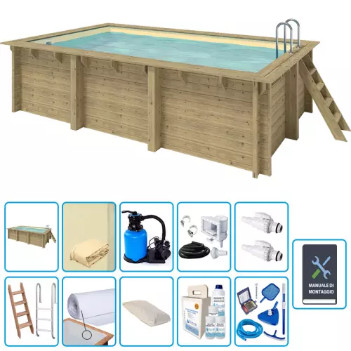 Piscina in legno rettangolare EcoWood 500 - 5,00 x 3,00 x h.1,24 m con liner SABBIA 0,75 mm - KIT PRO