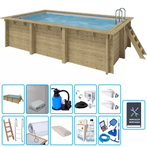 Piscina in legno rettangolare EcoWood 500 - 5,00 x 3,00 x h.1,24 m con liner GRIGIO 0,75 mm - KIT PRO