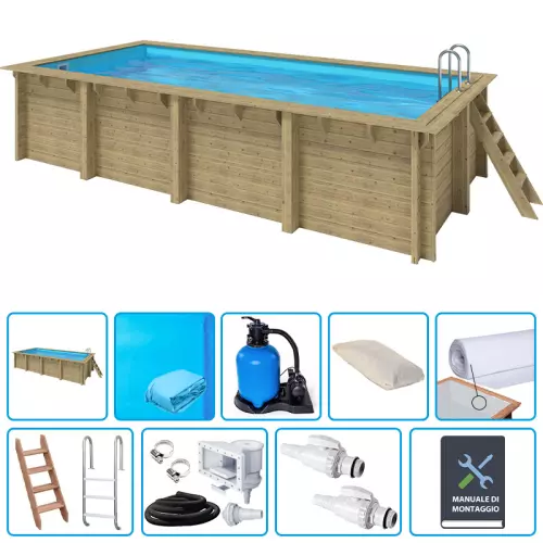 Piscina in legno rettangolare EcoWood 620 - 6,20 x 3,00 x h.1,31 m con liner BLU 0,75 mm - KIT BASE
