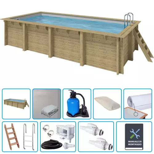Piscina in legno rettangolare EcoWood 620 - 6,20 x 3,00 x h.1,31 m con liner GRIGIO 0,75 mm - KIT BASE
