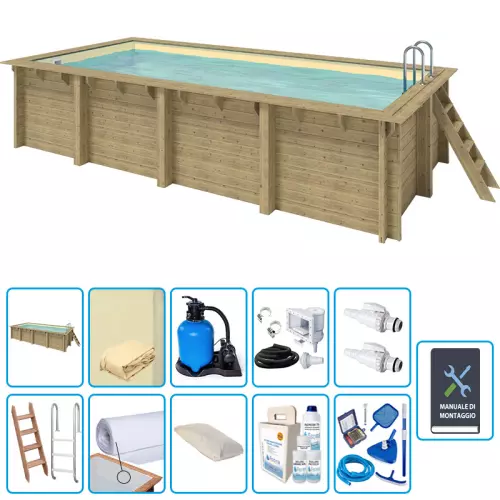 Piscina in legno rettangolare EcoWood 620 - 6,20 x 3,00 x h.1,31 m con liner SABBIA 0,75 mm - KIT PRO