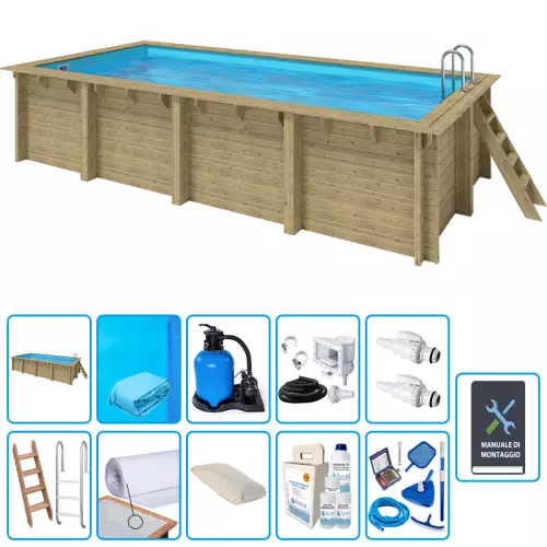 Piscina in legno rettangolare EcoWood 620 - 6,20 x 3,00 x h.1,31 m con liner BLU 0,75 mm - KIT PRO