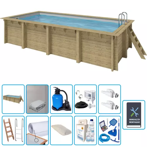 Piscina in legno rettangolare EcoWood 620 - 6,20 x 3,00 x h.1,31 m con liner GRIGIO 0,75 mm - KIT PRO