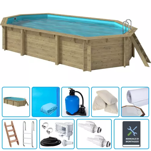 Piscina in legno ottagonale allungata EcoWood 757 - 7,57 x 4,07 x h.1,31 m con liner BLU 0,75 mm - KIT BASE