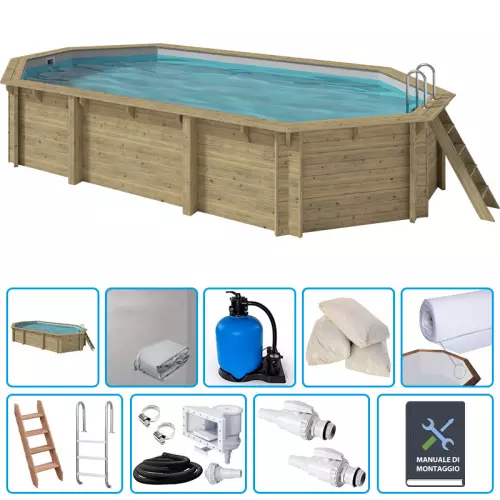 Piscina in legno ottagonale allungata EcoWood 757 - 7,57 x 4,07 x h.1,31 m con liner GRIGIO 0,75 mm - KIT BASE