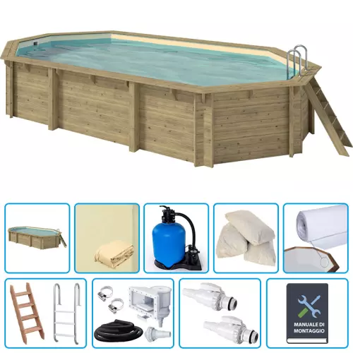Piscina in legno ottagonale allungata EcoWood 757 - 7,57 x 4,07 x h.1,31 m con liner SABBIA 0,75 mm - KIT BASE