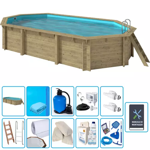 Piscina in legno ottagonale allungata EcoWood 757 - 7,57 x 4,07 x h.1,31 m con liner BLU 0,75 mm - KIT PRO