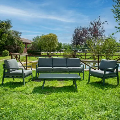 Salotto da giardino in alluminio ACHILLE, 2 o 3 posti : Salotto da giardino in alluminio ACHILLE 3 posti, struttura antracite e cuscineria grigia