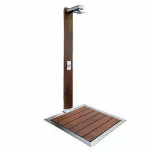 Doccia da esterno ad acqua calda e fredda PLUVIUM in acciaio 316 e legno, con piatto