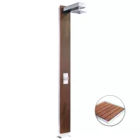 Doccia da esterno ad acqua calda e fredda PLUVIUM in acciaio 316 e legno, con o senza piatto